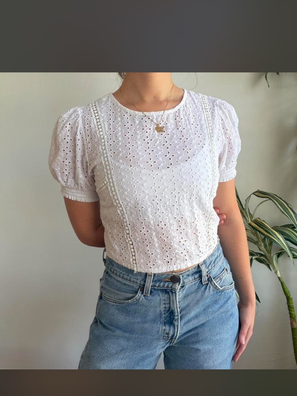 EB Denim White Eyelet Puff Sleeve Top